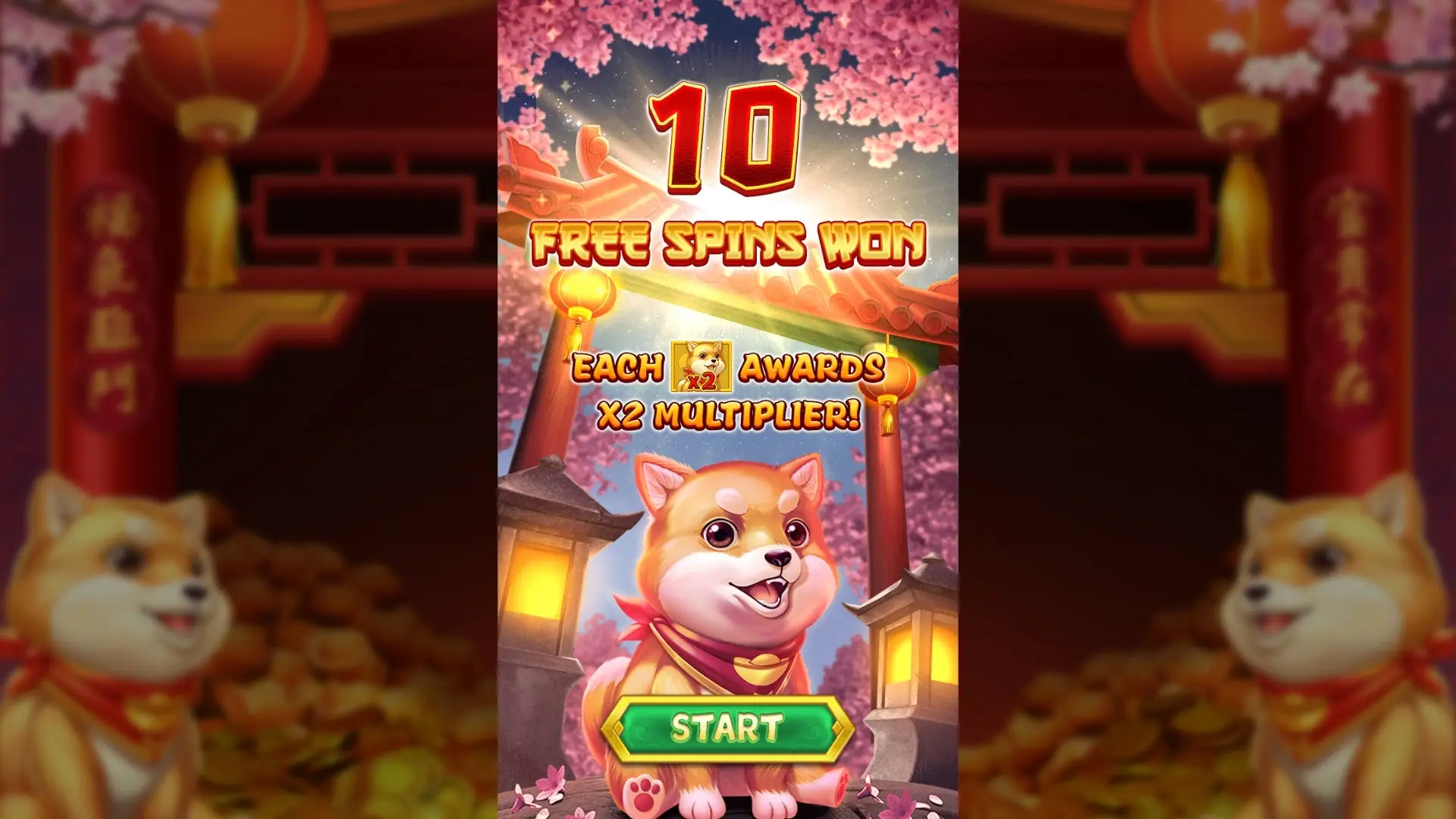 狗來富免費遊戲結算畫面,大字寫著 10 FREE SPINS WON,下方寫著每個狗狗符號給予 x2 倍數