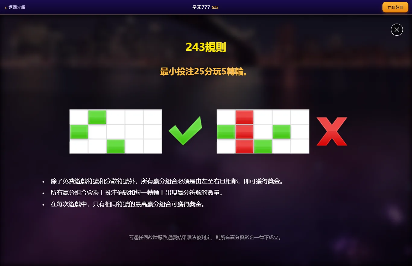 皇家777 試玩頁遊戲說明的 243 規則圖,左邊綠色符號落在第 1、2、3 軸打勾,右邊綠色符號跳過第 2 軸打叉,下方三條贏分規則