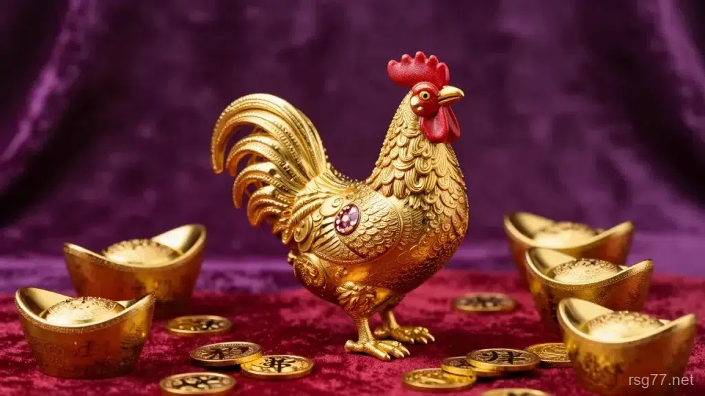 金色公雞擺件立在紅色絲綢上,四周散著金元寶與金幣,深紫色絨布背景