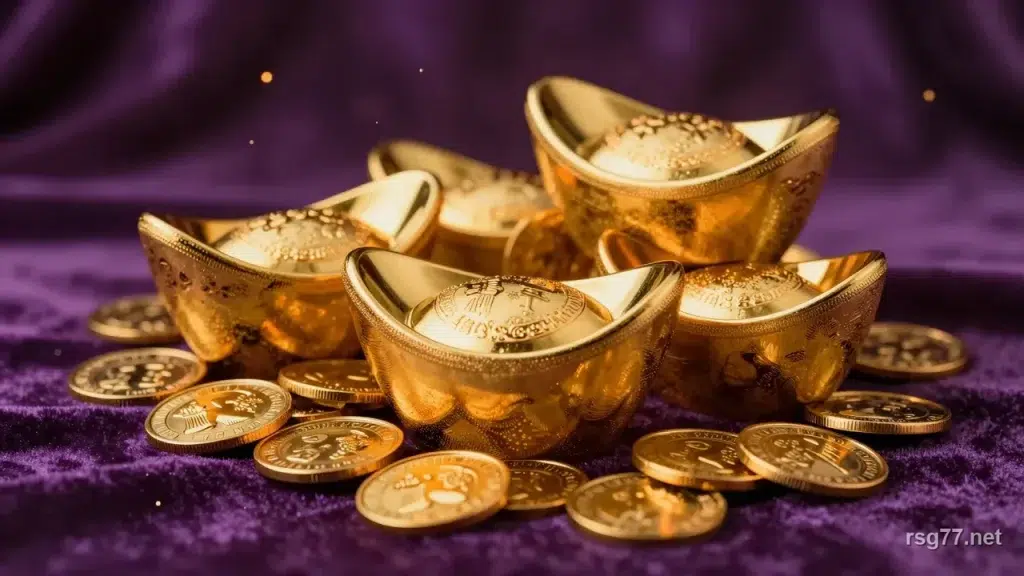 金色元寶與銅錢堆疊在深紫色絨布上,象徵聚寶財神的財富主題
