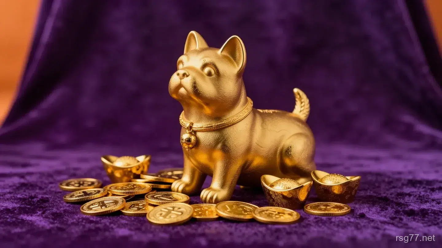 紫色絨布背景前一尊金色陶瓷招財狗坐像,身旁散落金幣與金元寶