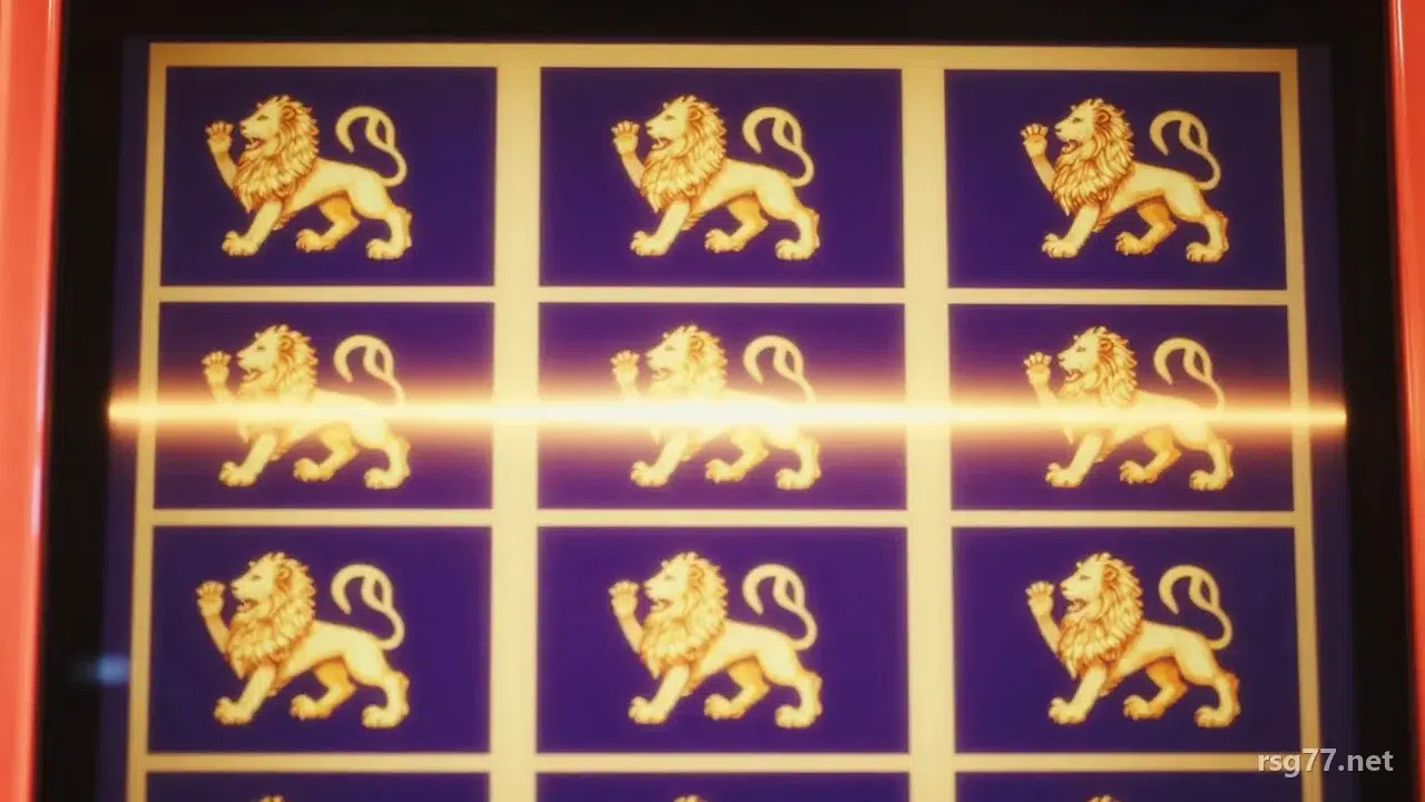 老虎機盤面中線上五個相同的金色獅子符號連成一線,一道金色光束橫貫其中,背景為深紫色面板