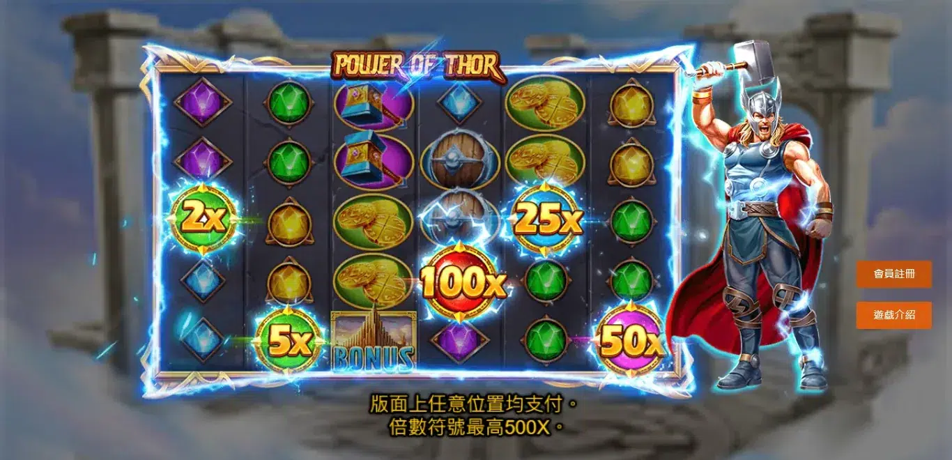 RSG 皇家電子索爾試玩頁的老虎機盤面,六軸符號中可見 BONUS 符號與 2x、5x、25x、50x、100x 倍數符號