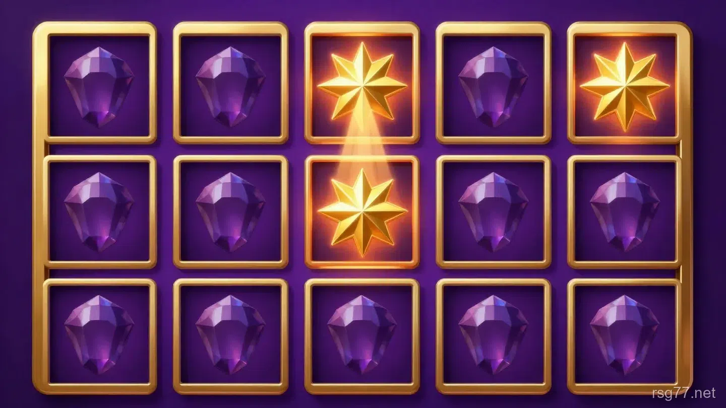 五欄三列的深紫色遊戲格線,金色邊框,多數格子是暗淡的寶石圖示,三個金色八角星徽章散落在彼此分開的格子裡並發出橘色光暈